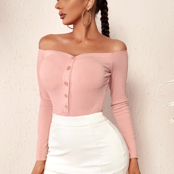 NEW--OFF SHOULDER BUTTON FRONT RIBBED BODYSUIT - Picture 2 of 5
